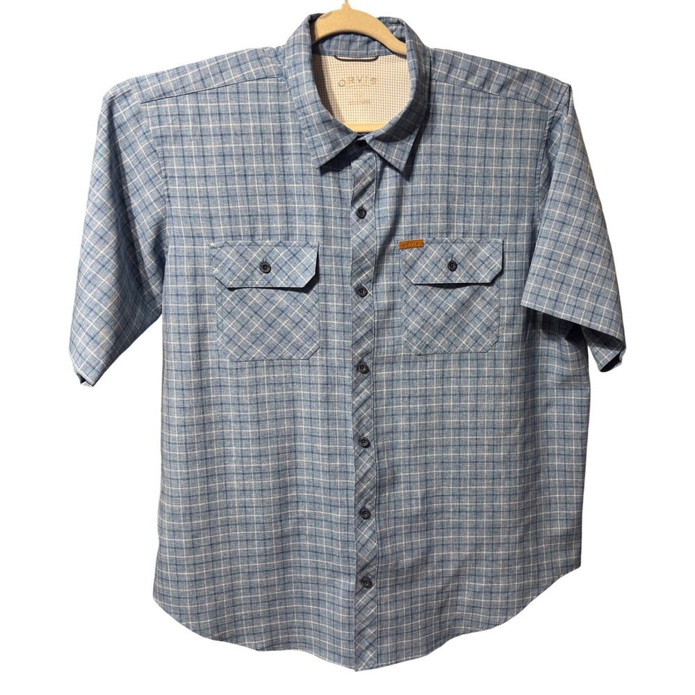 Orvis Men Plaid‎ Short Sleeve Button Up Blue White 2XL Casual Outdoor Pockets